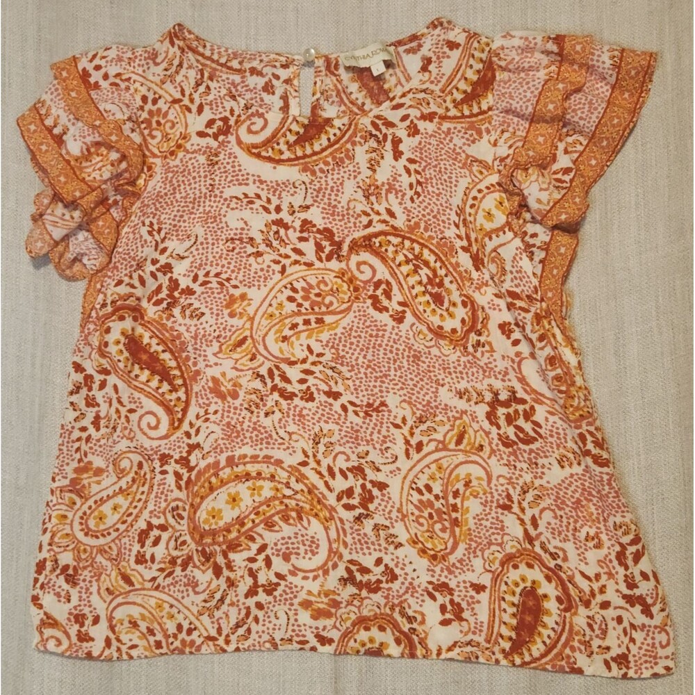 Paisley Print Flutter Sleeve Top Women Large Orange Summer Coquette Cottage Core